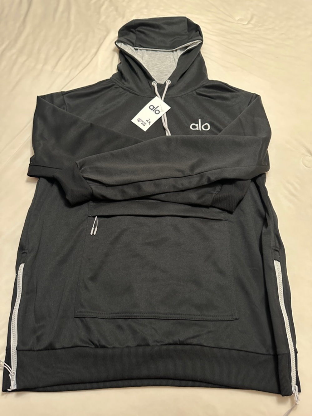 ALO Yoga Black Hoodie and Joggers with Gray Inner Hood and White Logo